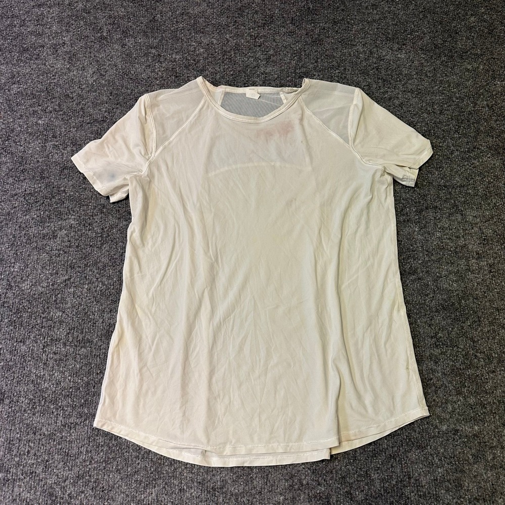 Lululemon T-Shirt Womens Size 6 White Mesh Back Pleated Athletic Yoga Stained